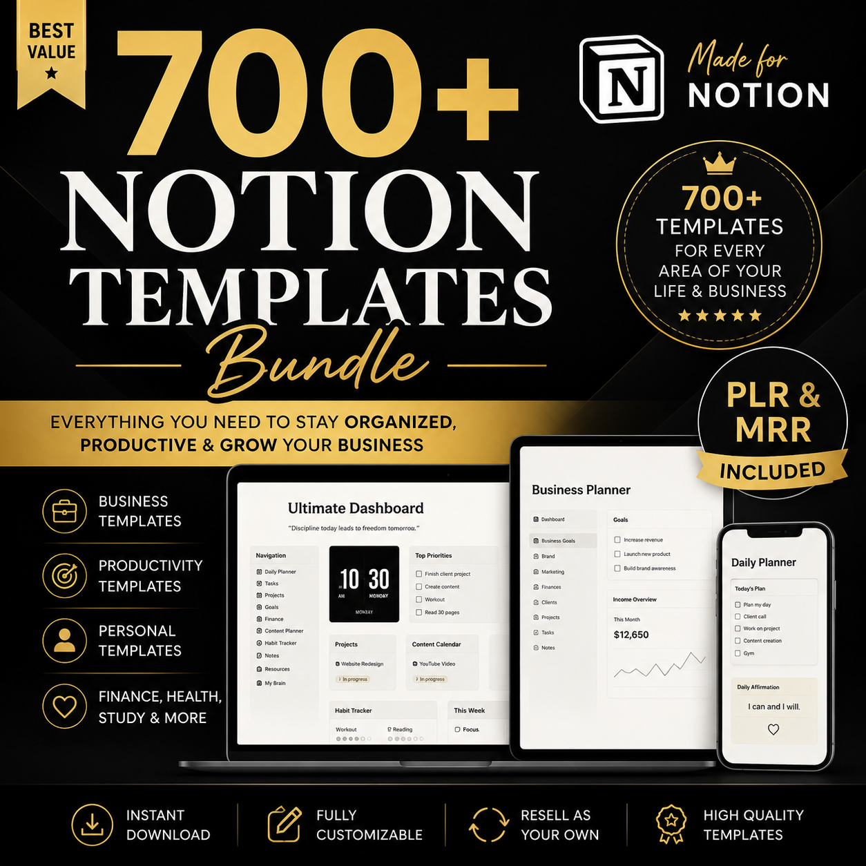700+ Notion Templates Bundle with PLR & MRR